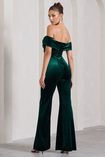 Recognition Bottle Green Velvet Twisted Bardot Wide-Leg Jumpsuit